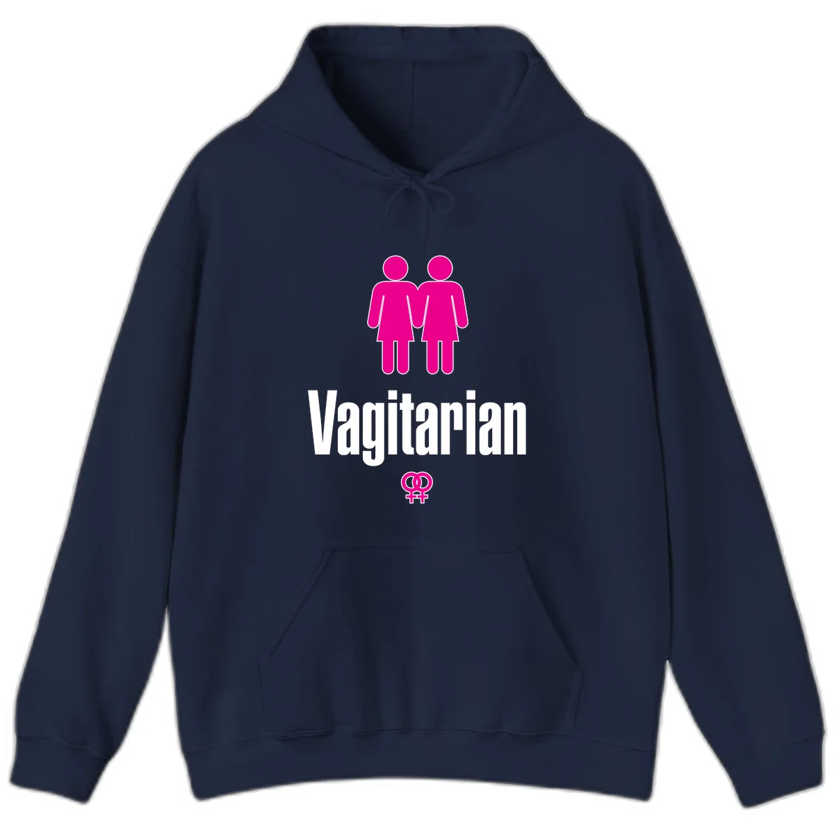 Vagitarian lesbian pride design with two women figures holding hands and interlocking female symbols in magenta and white in Navy
