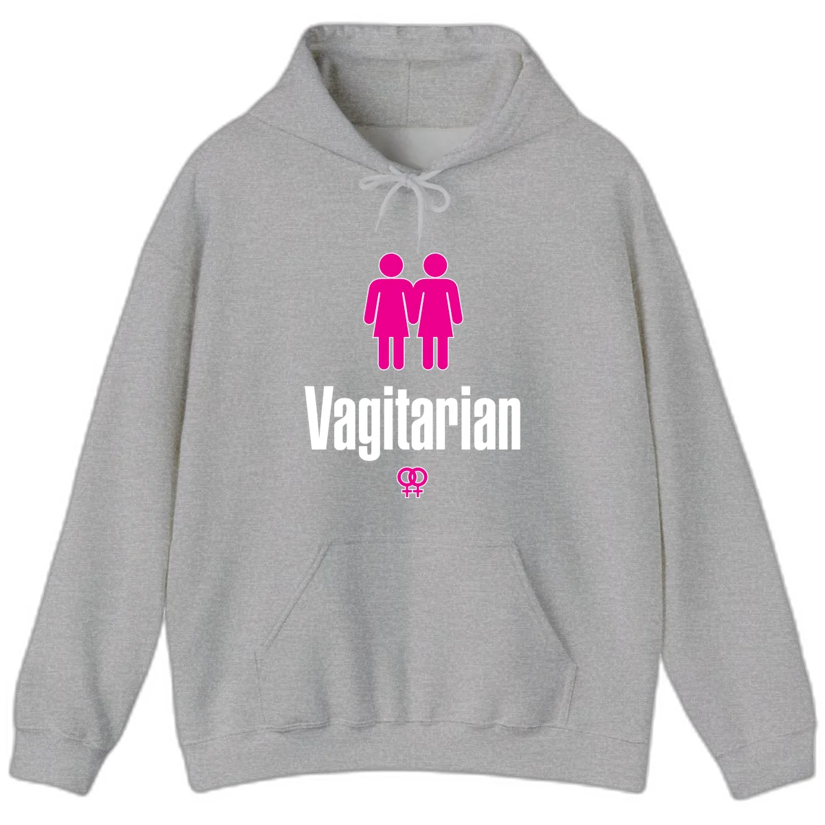 Vagitarian lesbian pride design with two women figures holding hands and interlocking female symbols in magenta and white in Sport Grey