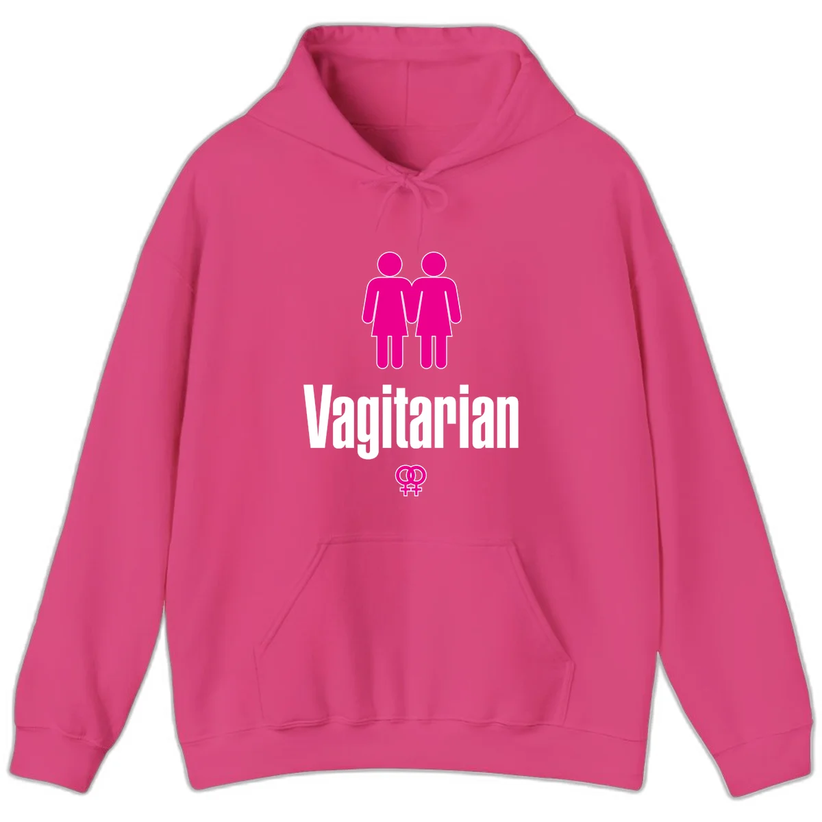 Vagitarian lesbian pride design with two women figures holding hands and interlocking female symbols in magenta and white in Heliconia