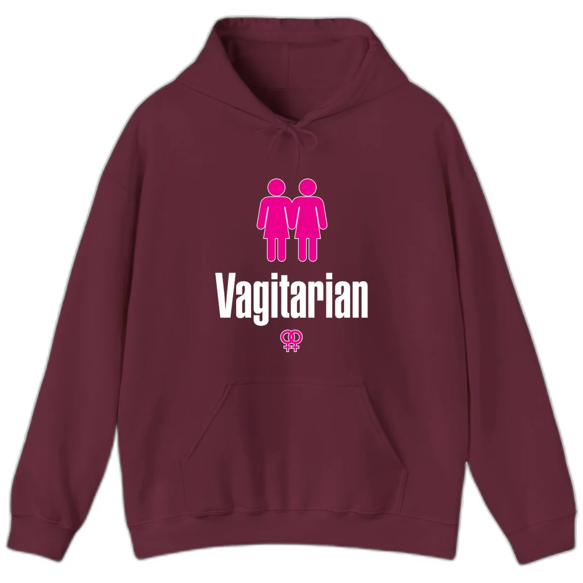 Vagitarian lesbian pride design with two women figures holding hands and interlocking female symbols in magenta and white in Maroon