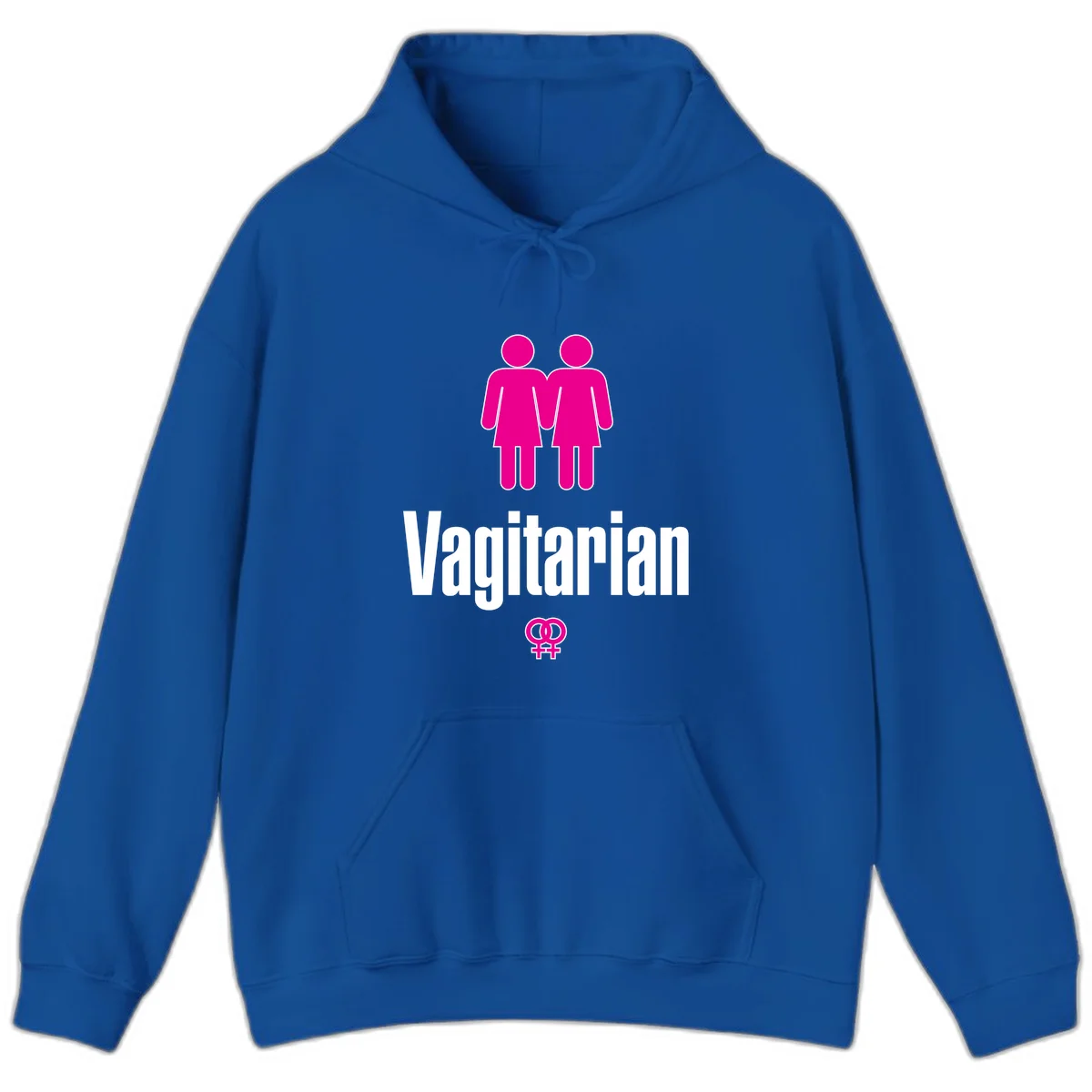 Vagitarian lesbian pride design with two women figures holding hands and interlocking female symbols in magenta and white in Royal