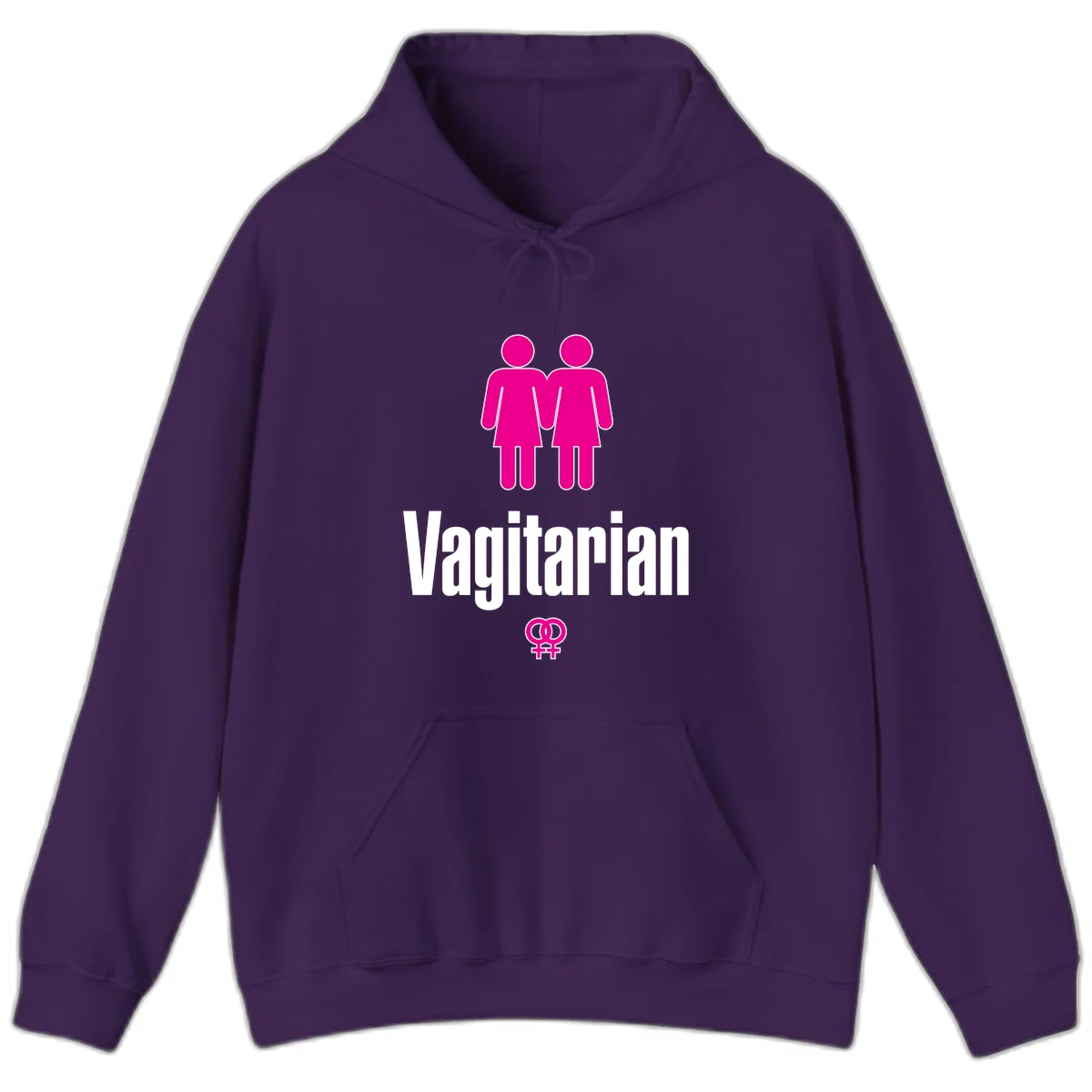 Vagitarian lesbian pride design with two women figures holding hands and interlocking female symbols in magenta and white in Purple