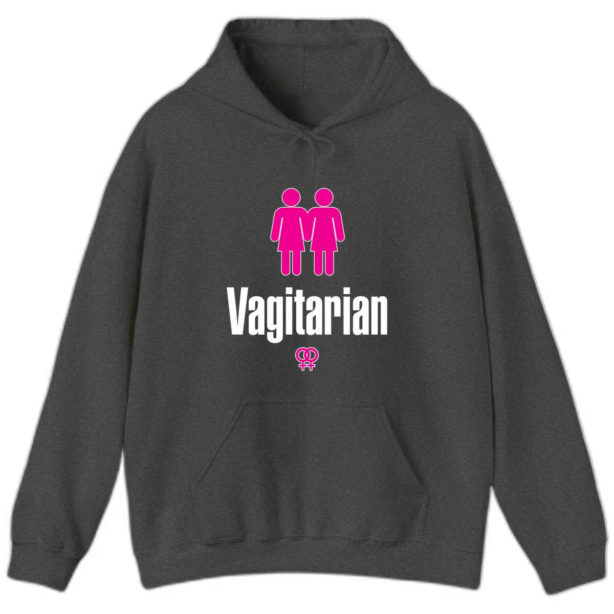 Vagitarian lesbian pride design with two women figures holding hands and interlocking female symbols in magenta and white in Dark Heather