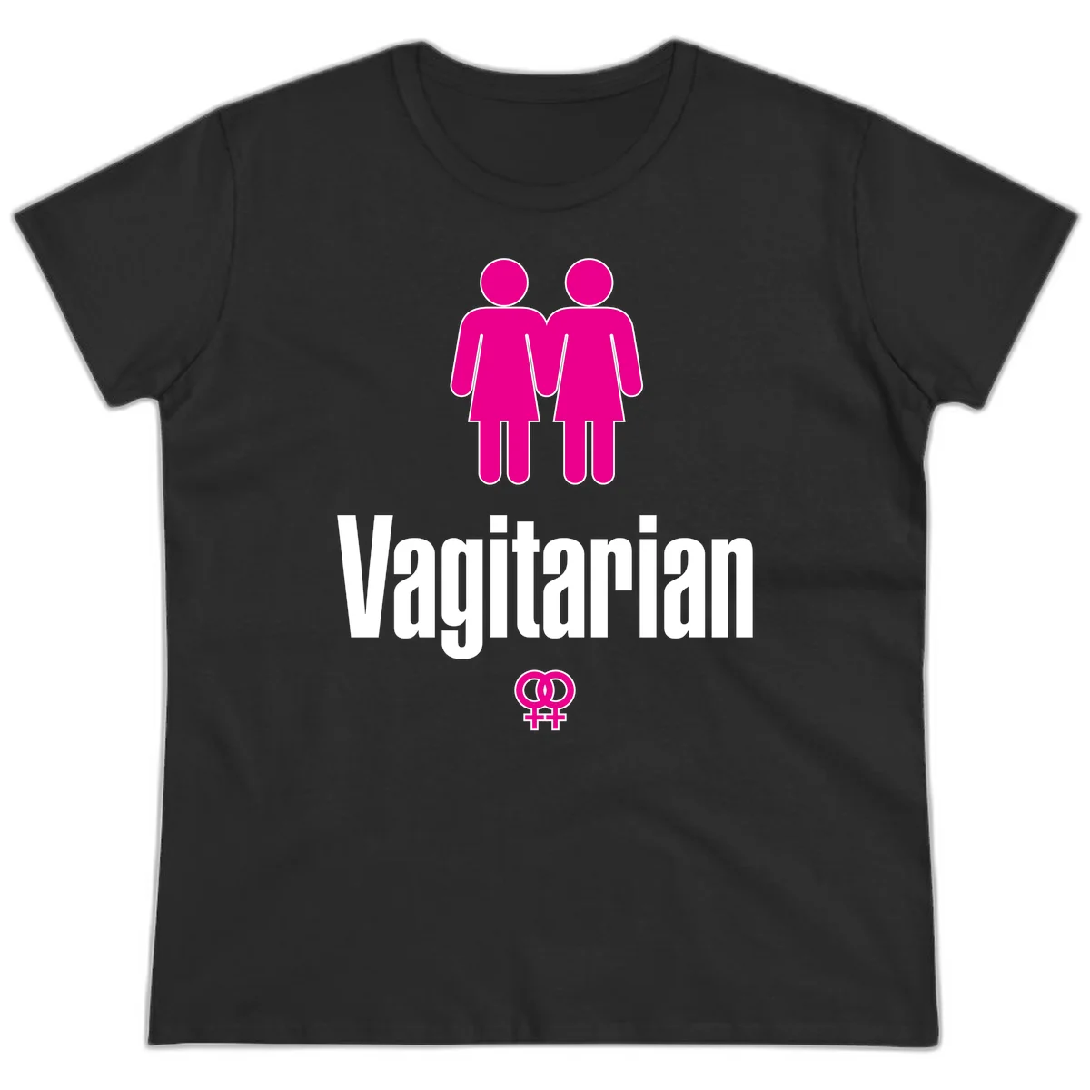 Vagitarian lesbian pride design with two women figures holding hands and interlocking female symbols in magenta and white in Black