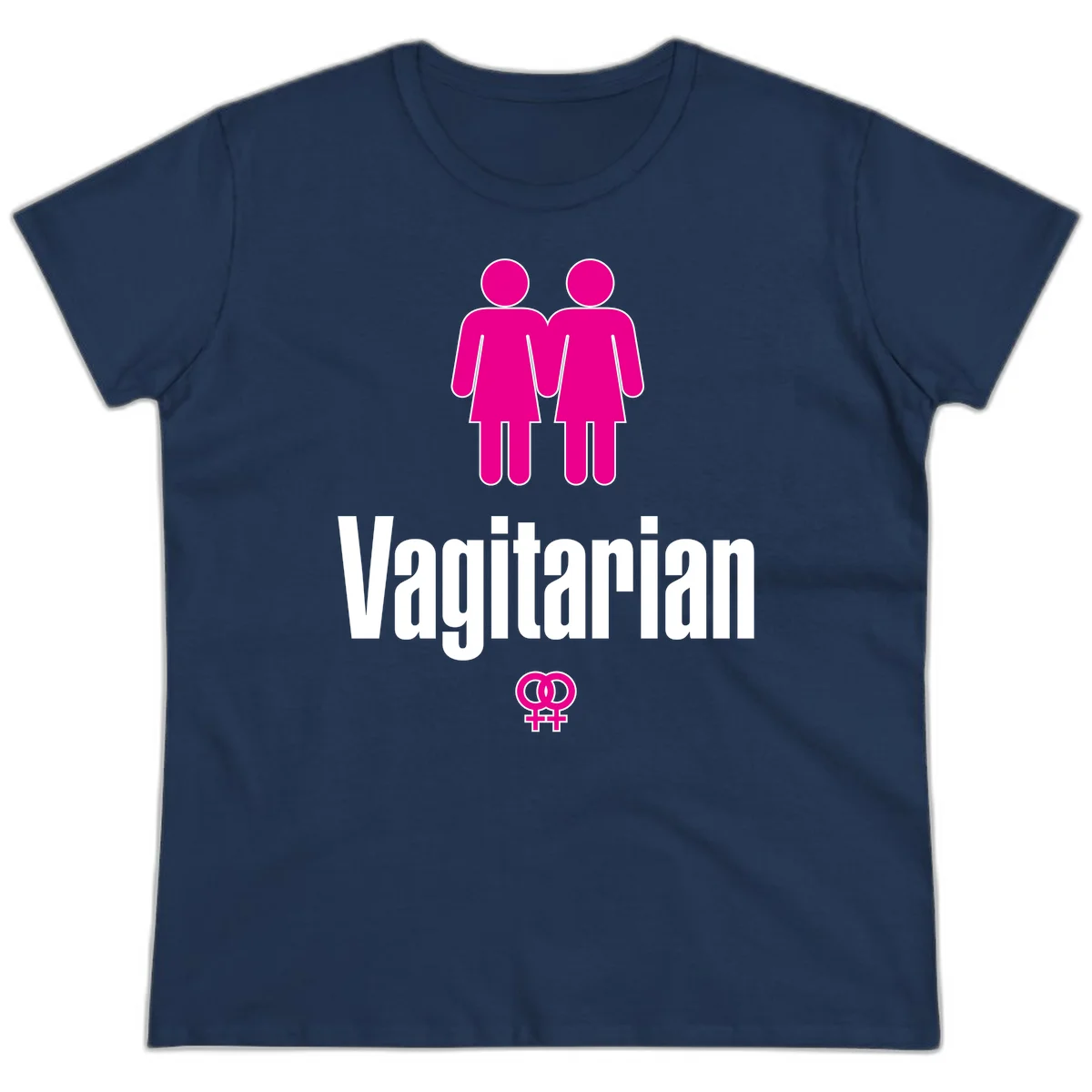 Vagitarian lesbian pride design with two women figures holding hands and interlocking female symbols in magenta and white in Navy