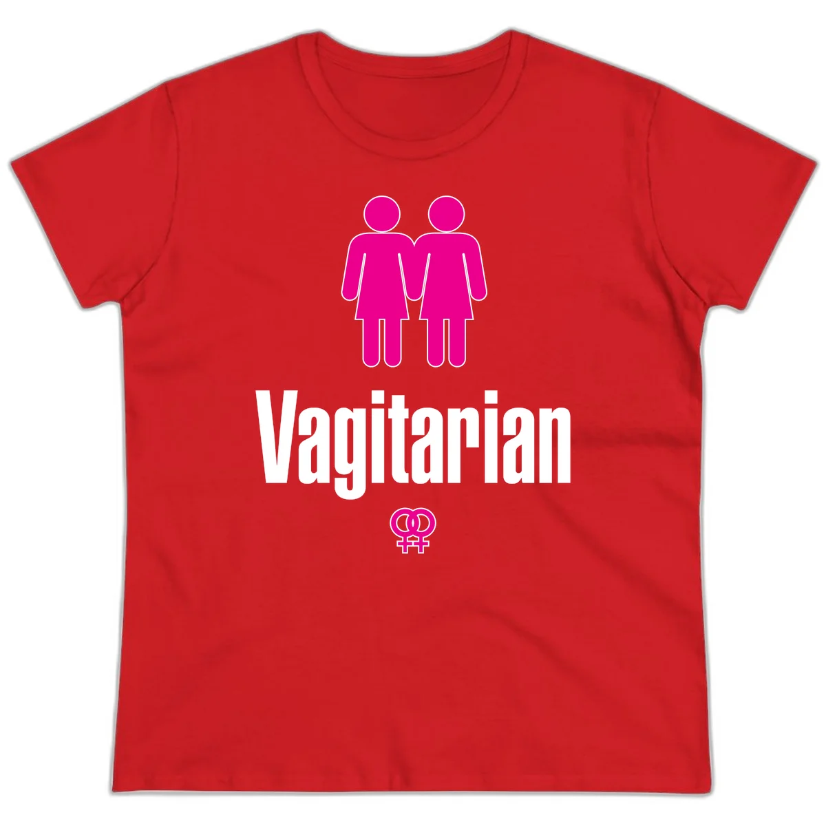 Vagitarian lesbian pride design with two women figures holding hands and interlocking female symbols in magenta and white in Red