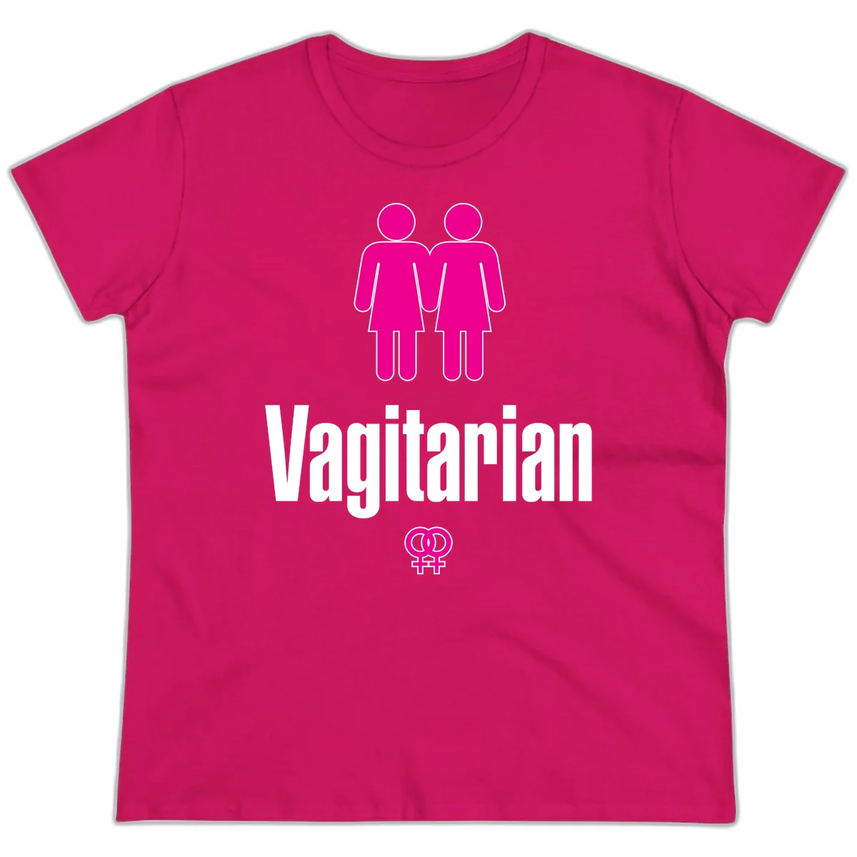Vagitarian lesbian pride design with two women figures holding hands and interlocking female symbols in magenta and white in Heliconia