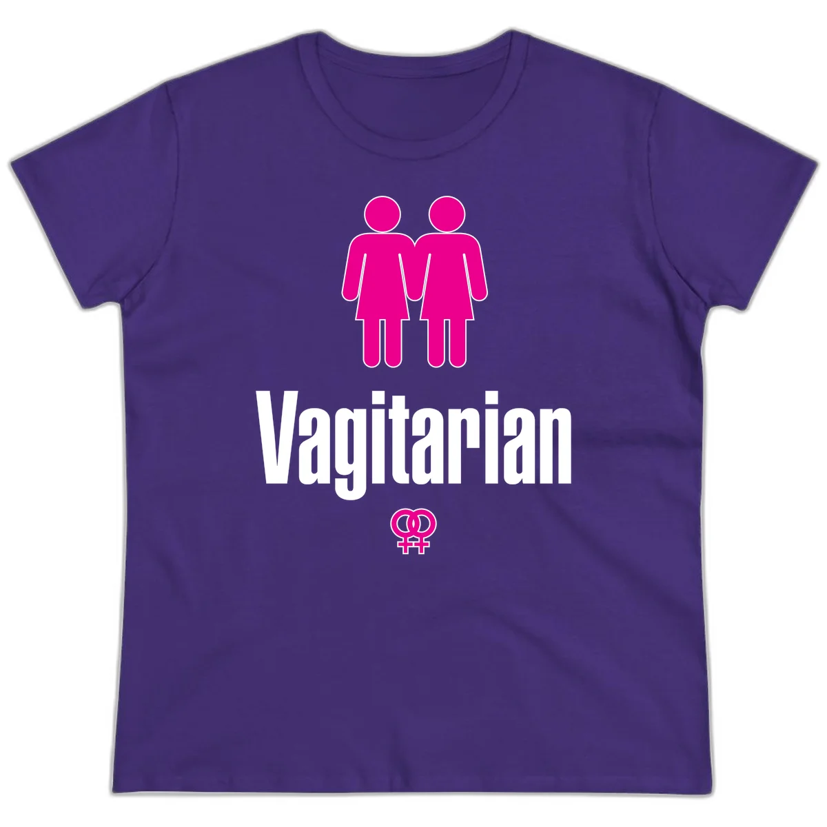 Vagitarian lesbian pride design with two women figures holding hands and interlocking female symbols in magenta and white in Purple