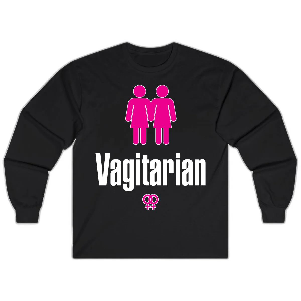 Vagitarian lesbian pride design with two women figures holding hands and interlocking female symbols in magenta and white in Black
