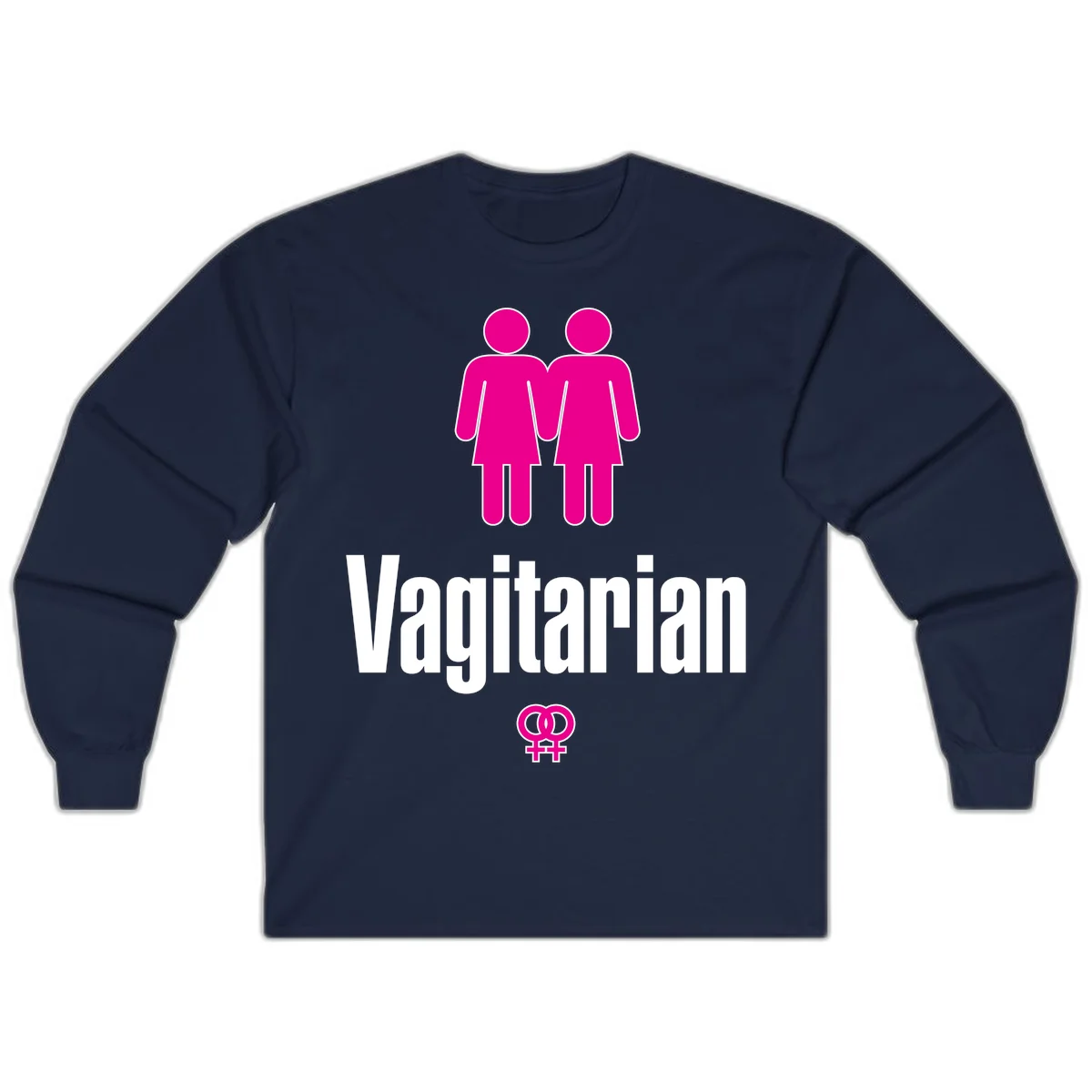 Vagitarian lesbian pride design with two women figures holding hands and interlocking female symbols in magenta and white in Navy