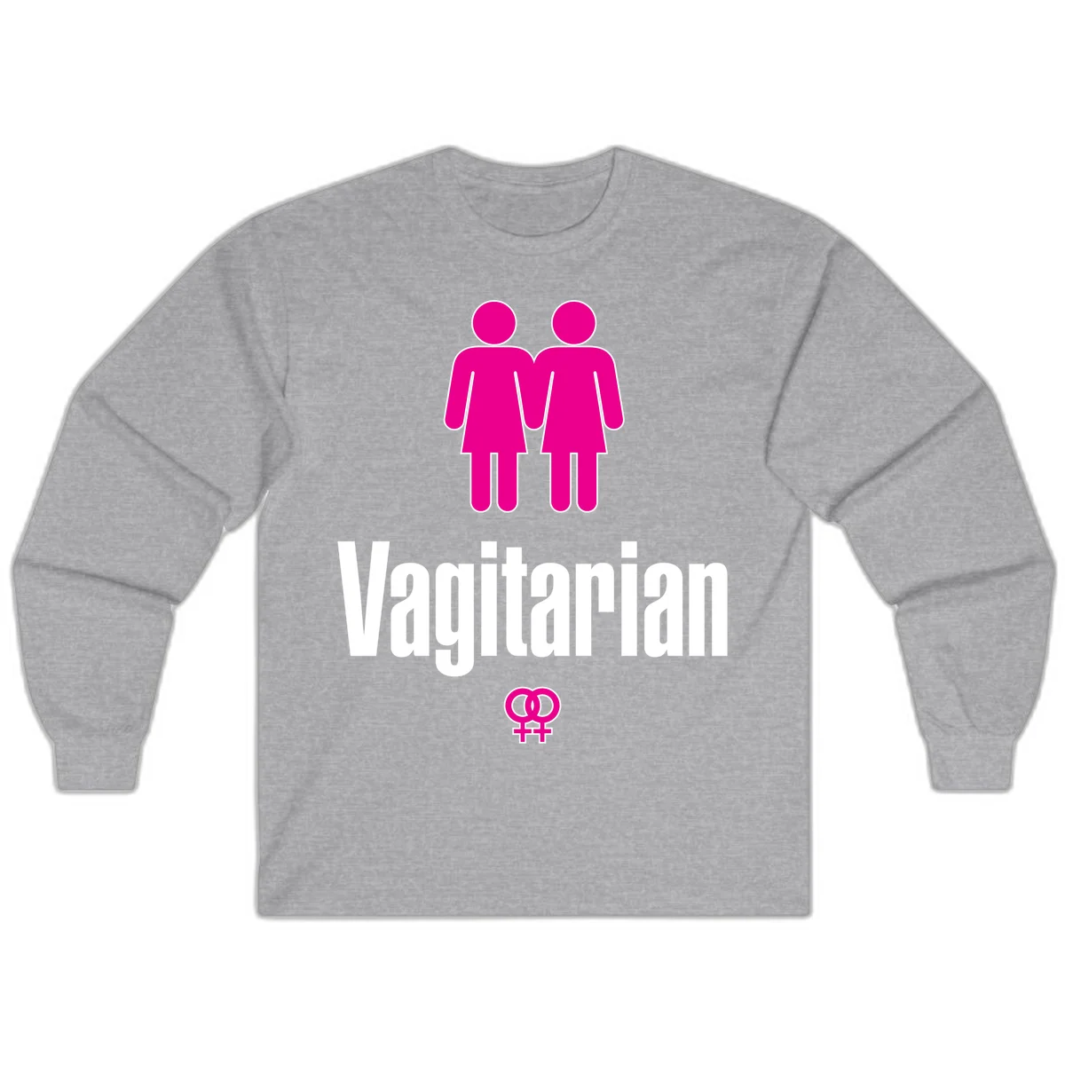 Vagitarian lesbian pride design with two women figures holding hands and interlocking female symbols in magenta and white in Sport Grey