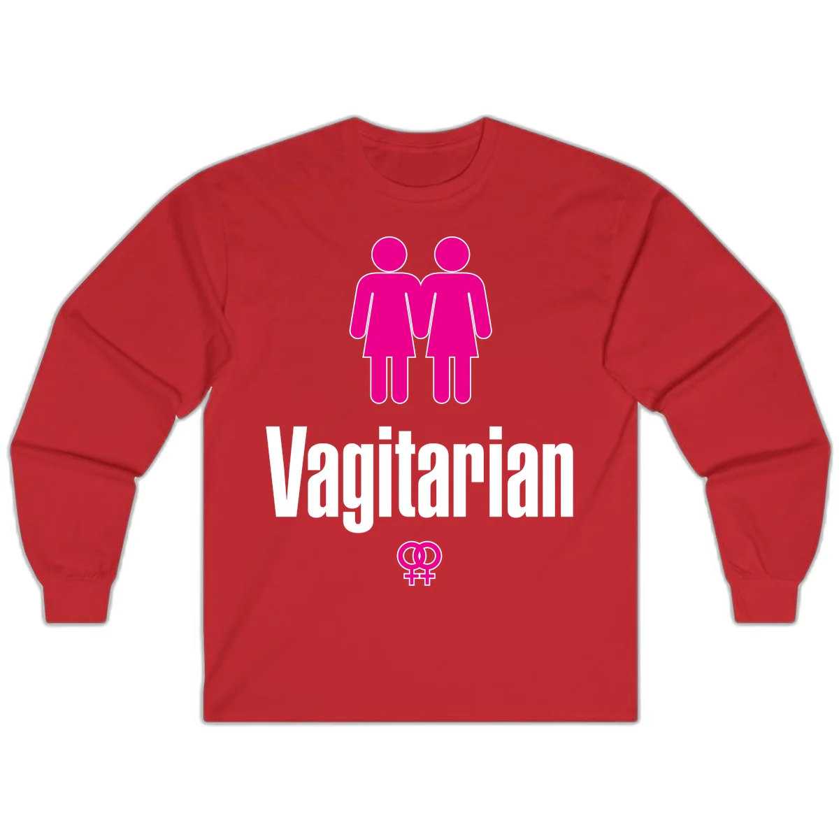Vagitarian lesbian pride design with two women figures holding hands and interlocking female symbols in magenta and white in Red