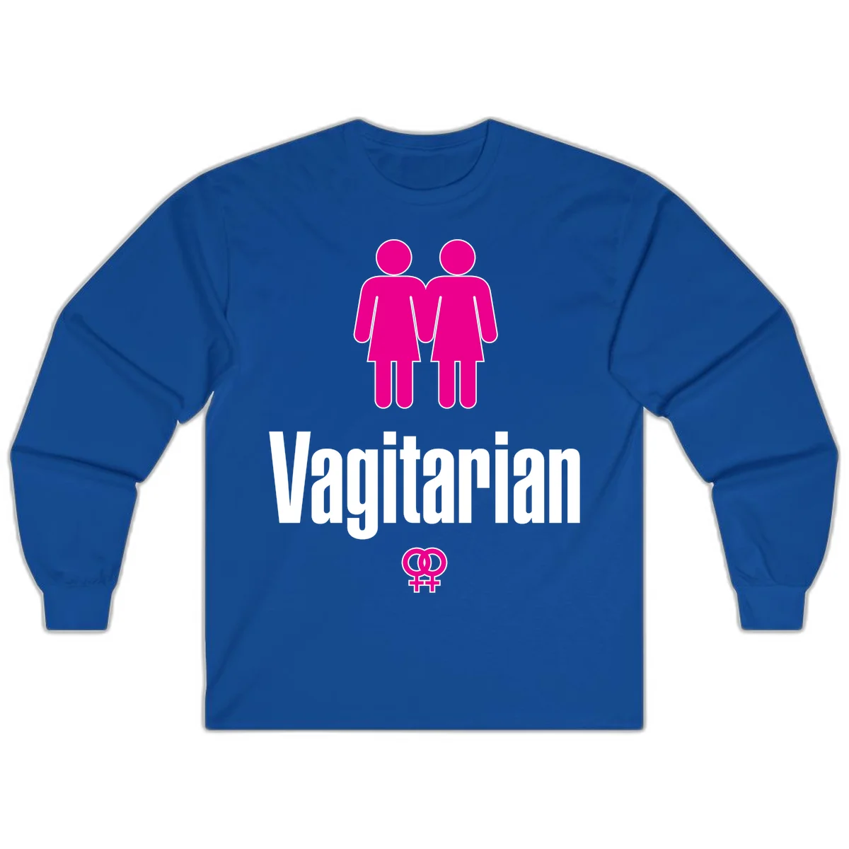 Vagitarian lesbian pride design with two women figures holding hands and interlocking female symbols in magenta and white in Royal