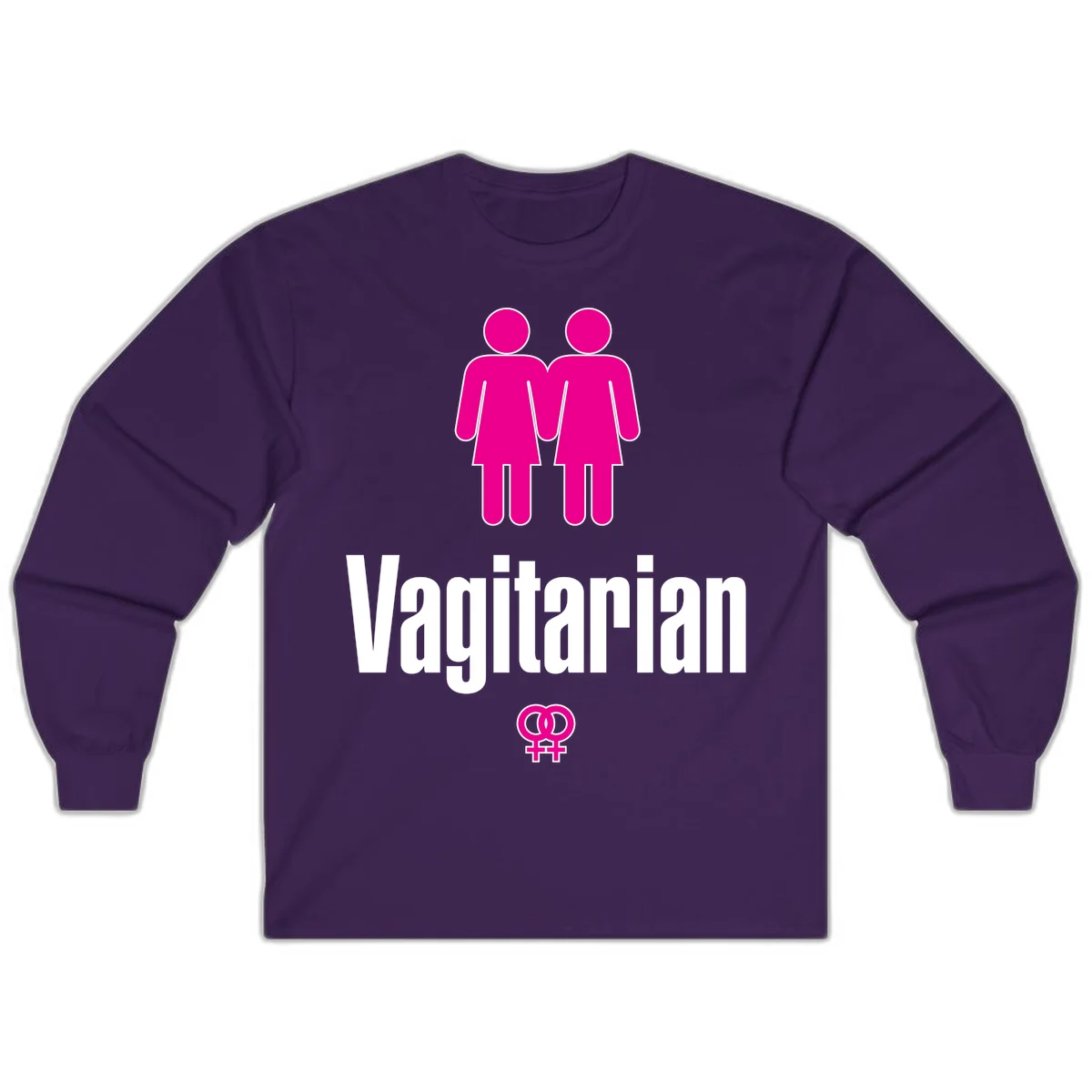 Vagitarian lesbian pride design with two women figures holding hands and interlocking female symbols in magenta and white in Purple