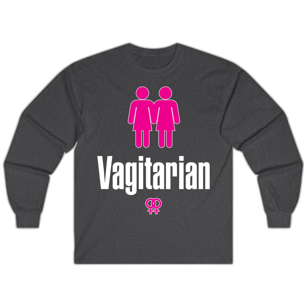 Vagitarian lesbian pride design with two women figures holding hands and interlocking female symbols in magenta and white in Dark Heather