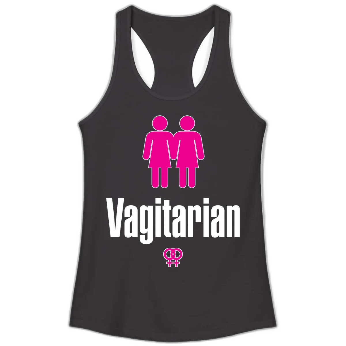 Vagitarian lesbian pride design with two women figures holding hands and interlocking female symbols in magenta and white in Black