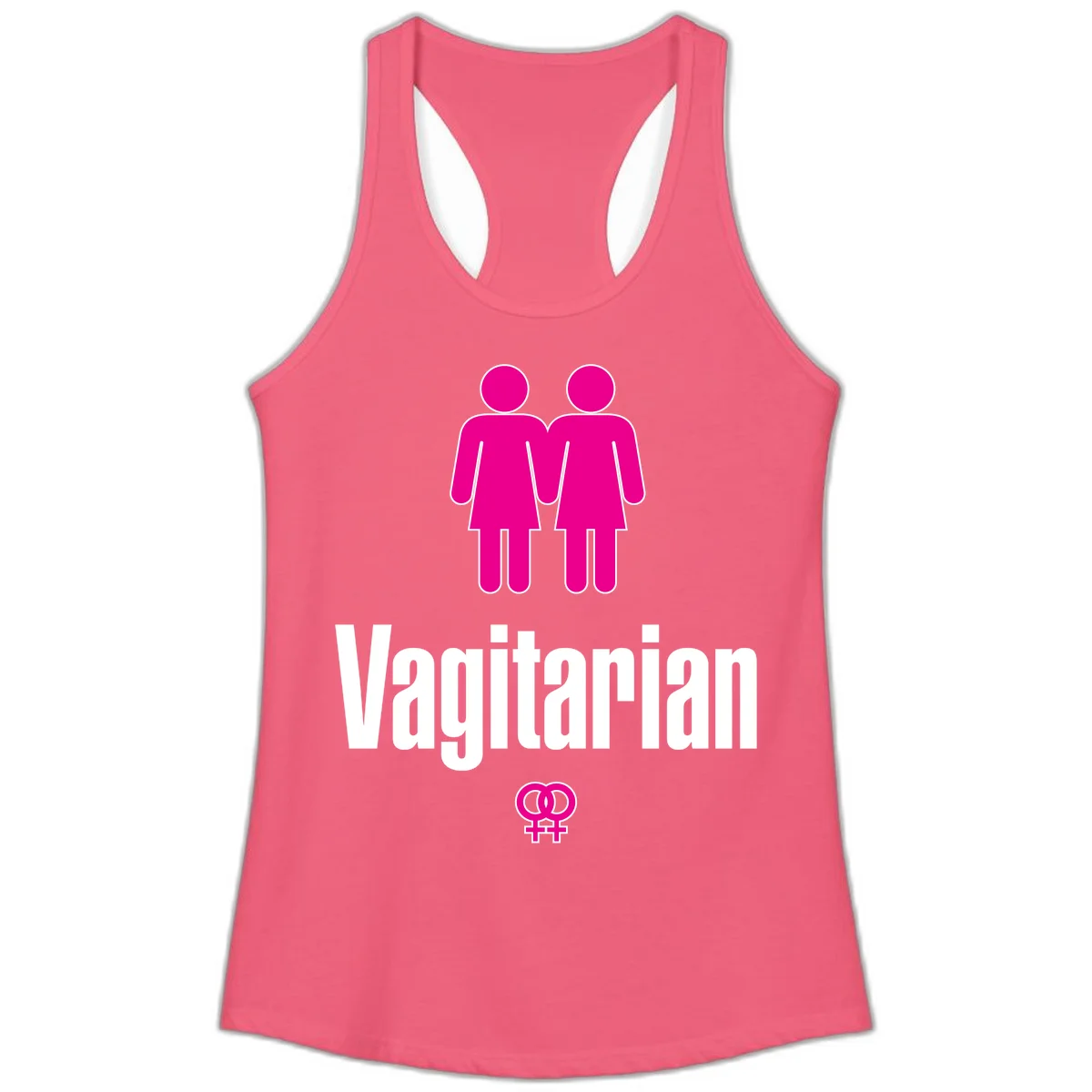 Vagitarian lesbian pride design with two women figures holding hands and interlocking female symbols in magenta and white in Hot Pink