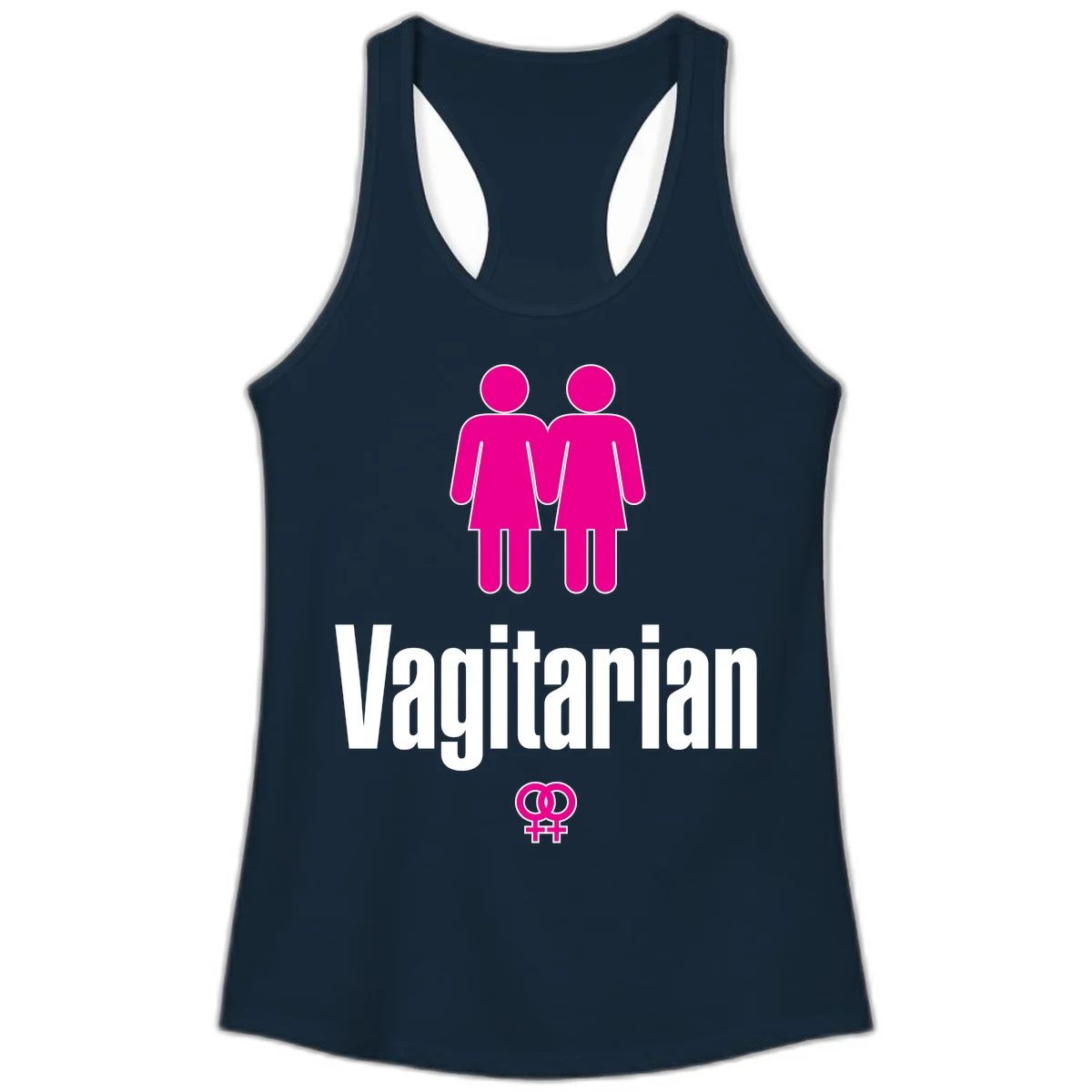 Vagitarian lesbian pride design with two women figures holding hands and interlocking female symbols in magenta and white in Solid Midnight Navy