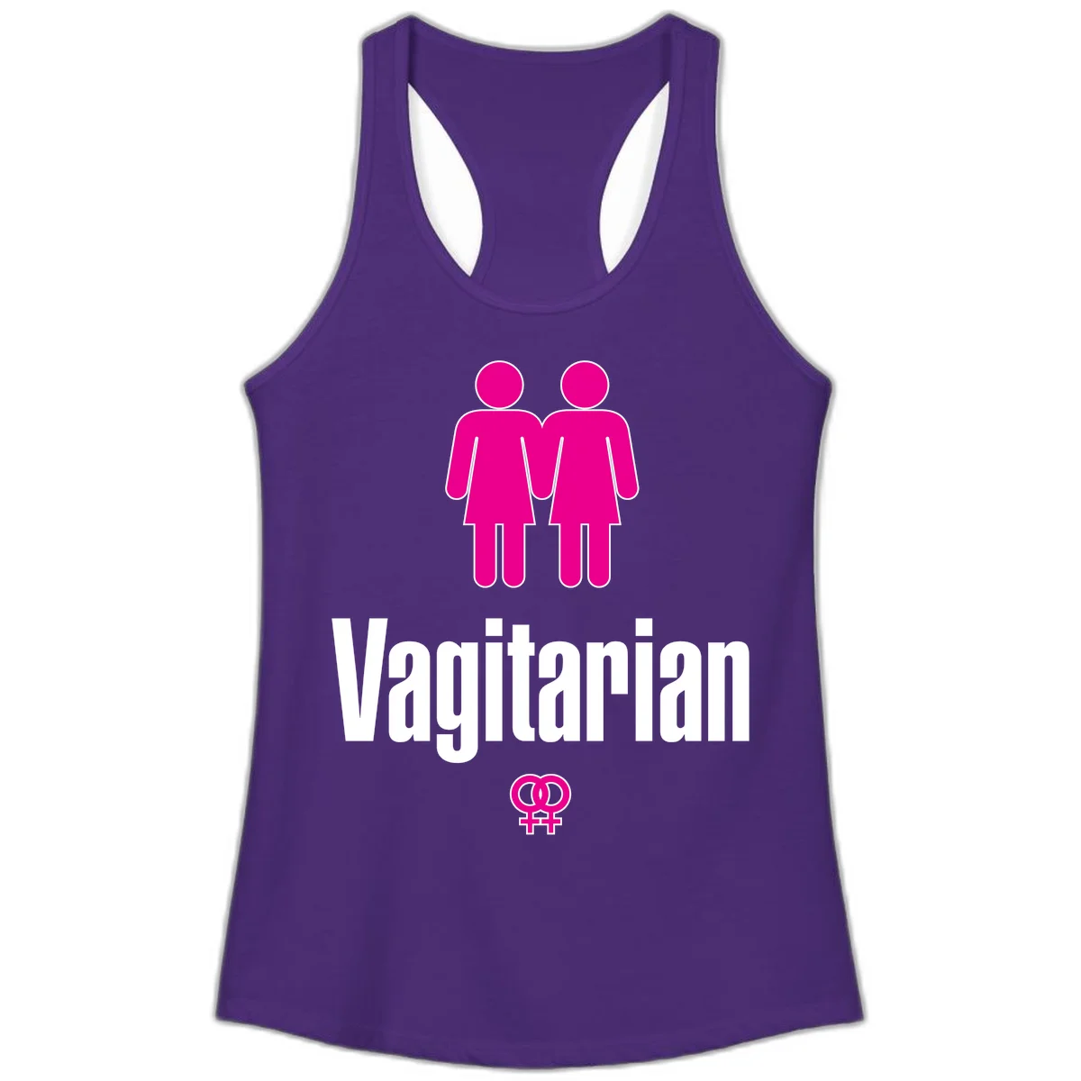 Vagitarian lesbian pride design with two women figures holding hands and interlocking female symbols in magenta and white in Solid Purple Rush