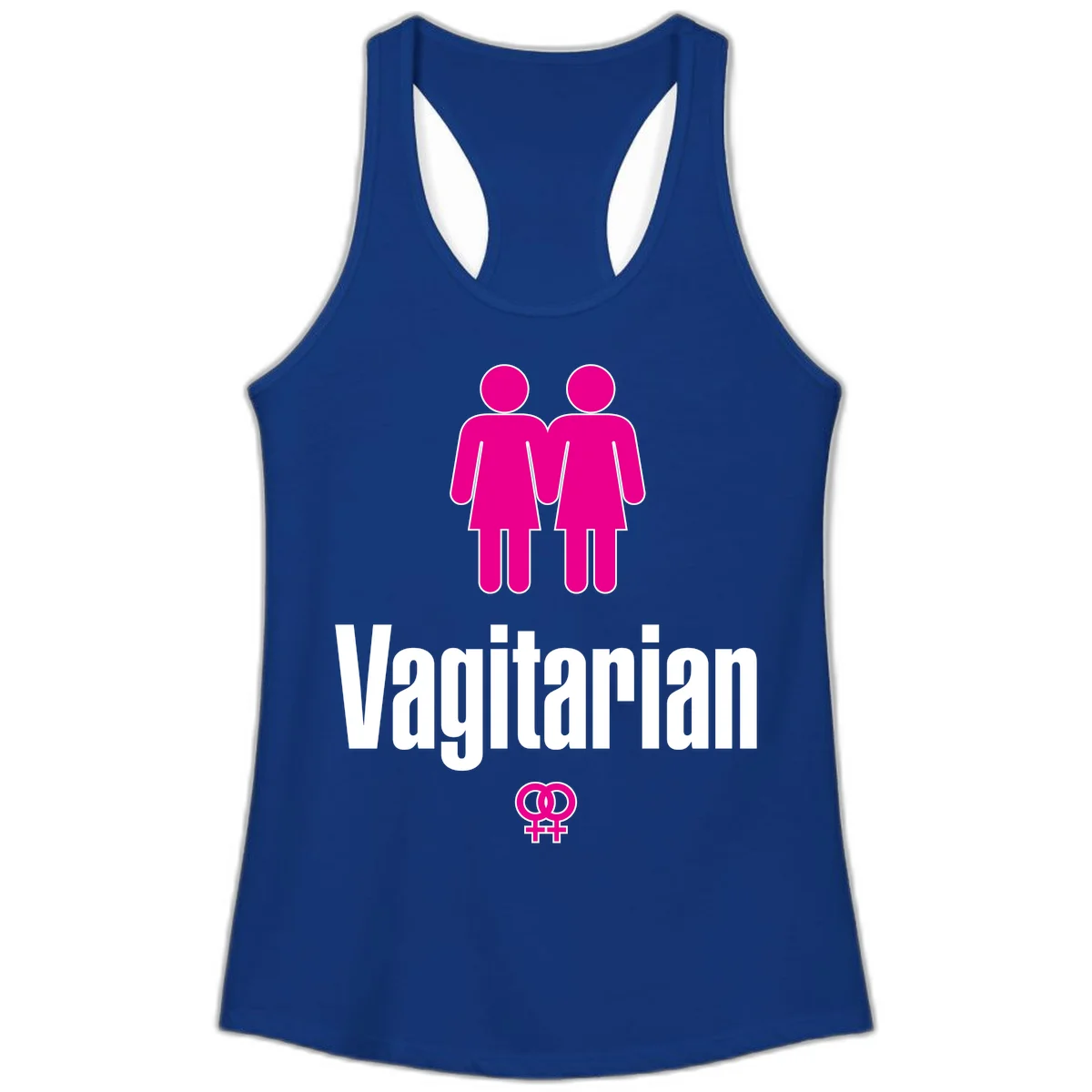 Vagitarian lesbian pride design with two women figures holding hands and interlocking female symbols in magenta and white in Solid Royal
