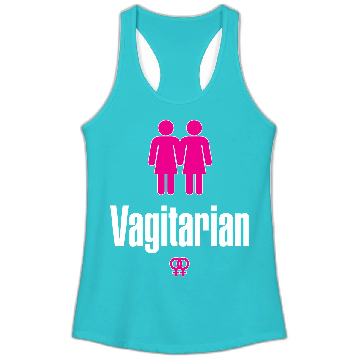 Vagitarian lesbian pride design with two women figures holding hands and interlocking female symbols in magenta and white in Solid Tahiti Blue