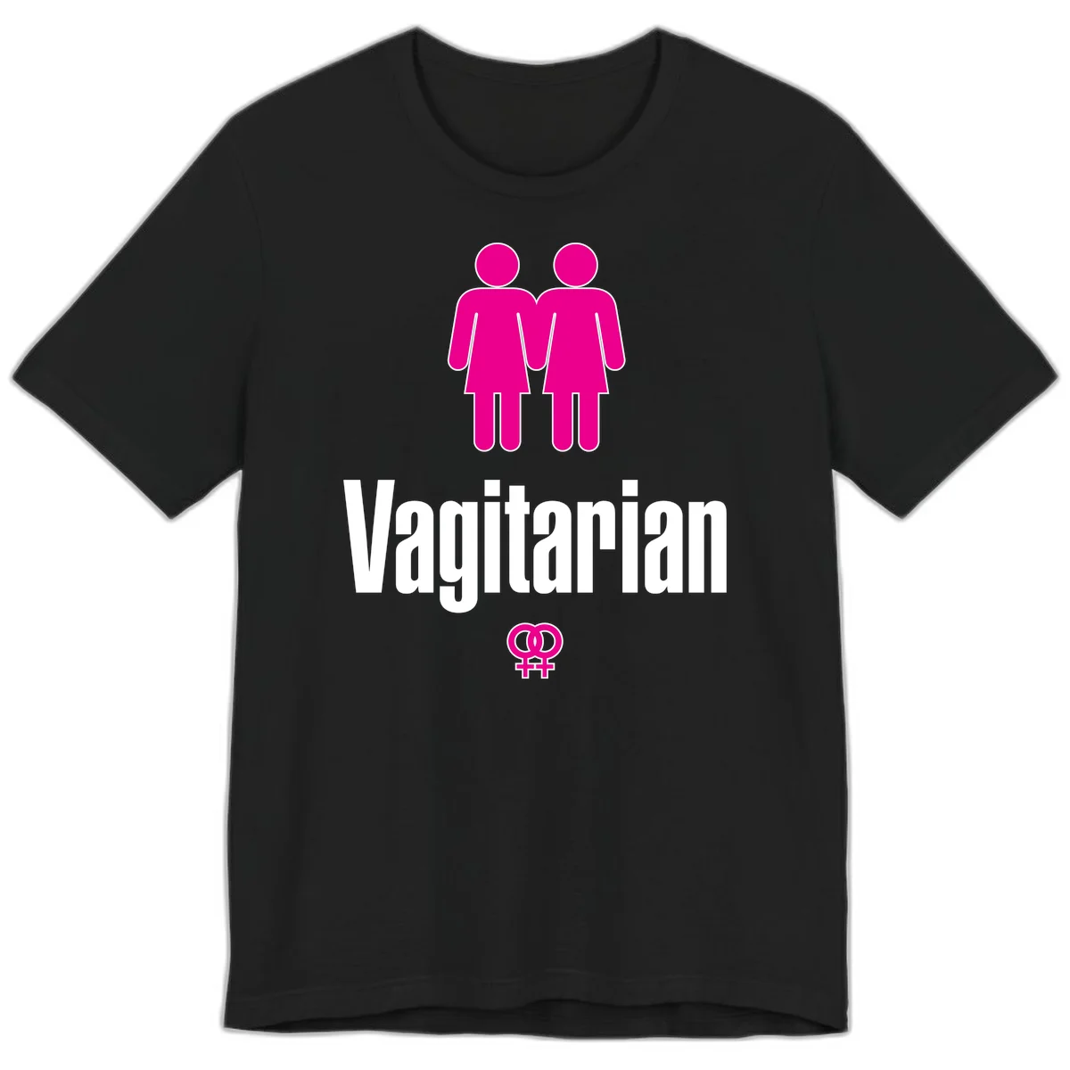 Vagitarian lesbian pride design with two women figures holding hands and interlocking female symbols in magenta and white in Black
