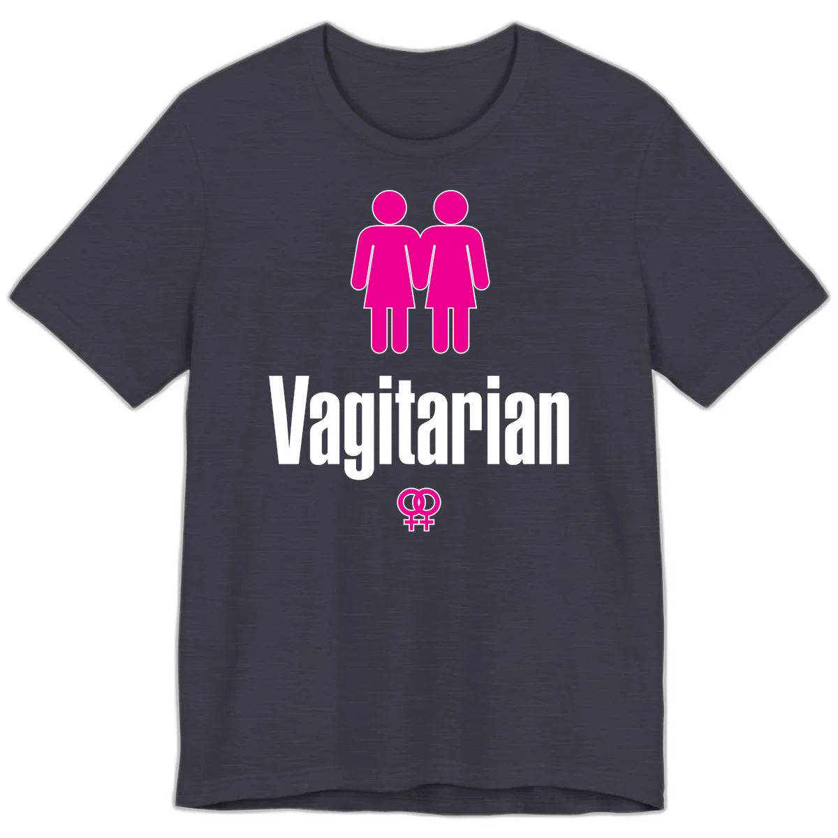 Vagitarian lesbian pride design with two women figures holding hands and interlocking female symbols in magenta and white in Heather Midnight Navy