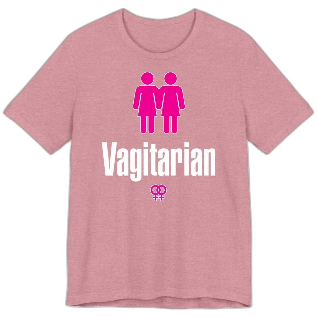 Vagitarian lesbian pride design with two women figures holding hands and interlocking female symbols in magenta and white in Heather Orchid