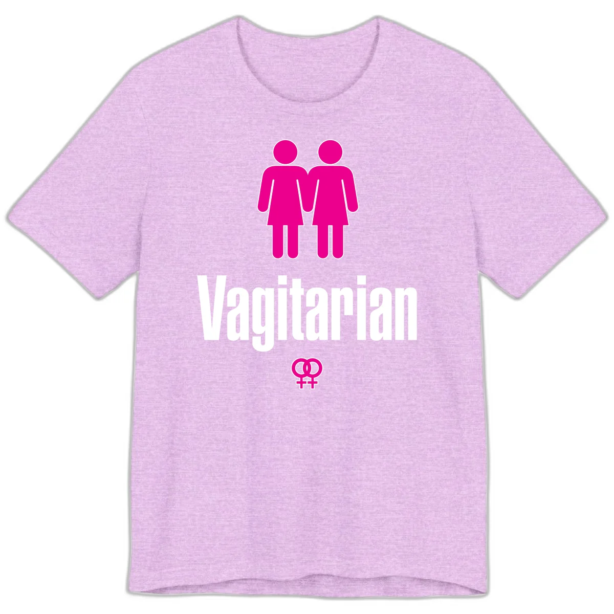 Vagitarian lesbian pride design with two women figures holding hands and interlocking female symbols in magenta and white in Heather Prism Lilac