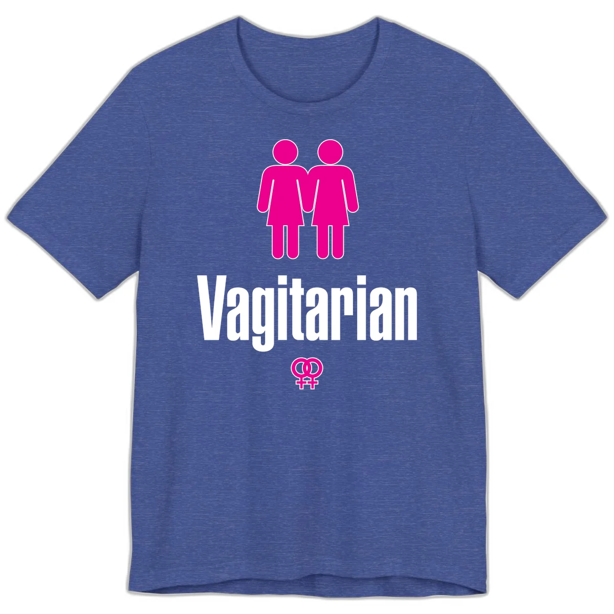 Vagitarian lesbian pride design with two women figures holding hands and interlocking female symbols in magenta and white in Heather True Royal