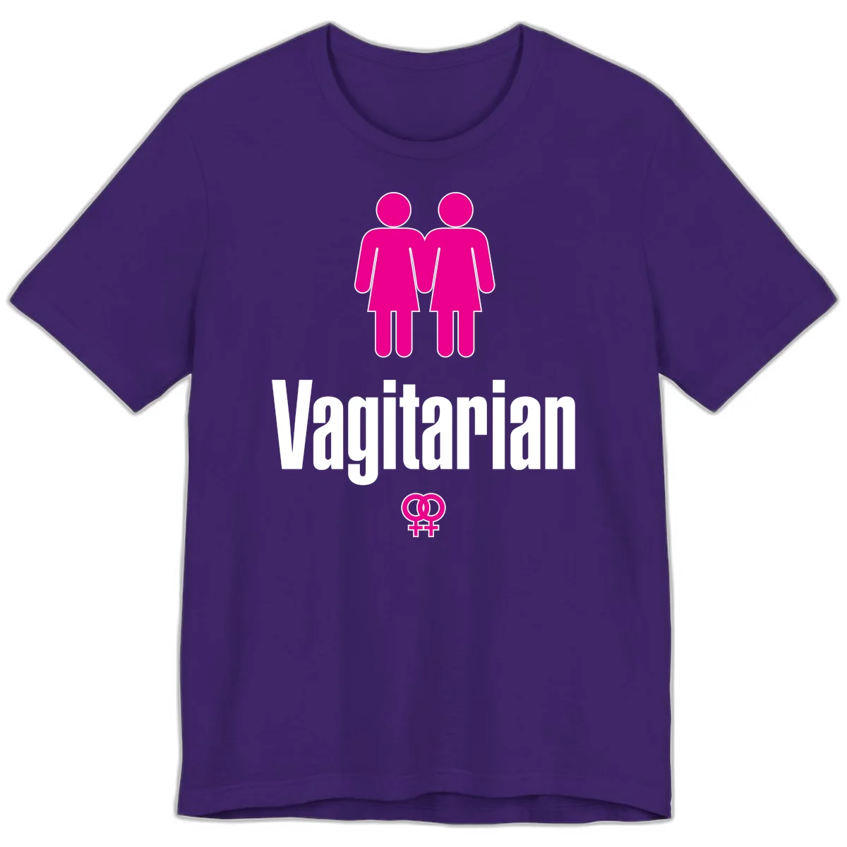 Vagitarian lesbian pride design with two women figures holding hands and interlocking female symbols in magenta and white in Team Purple