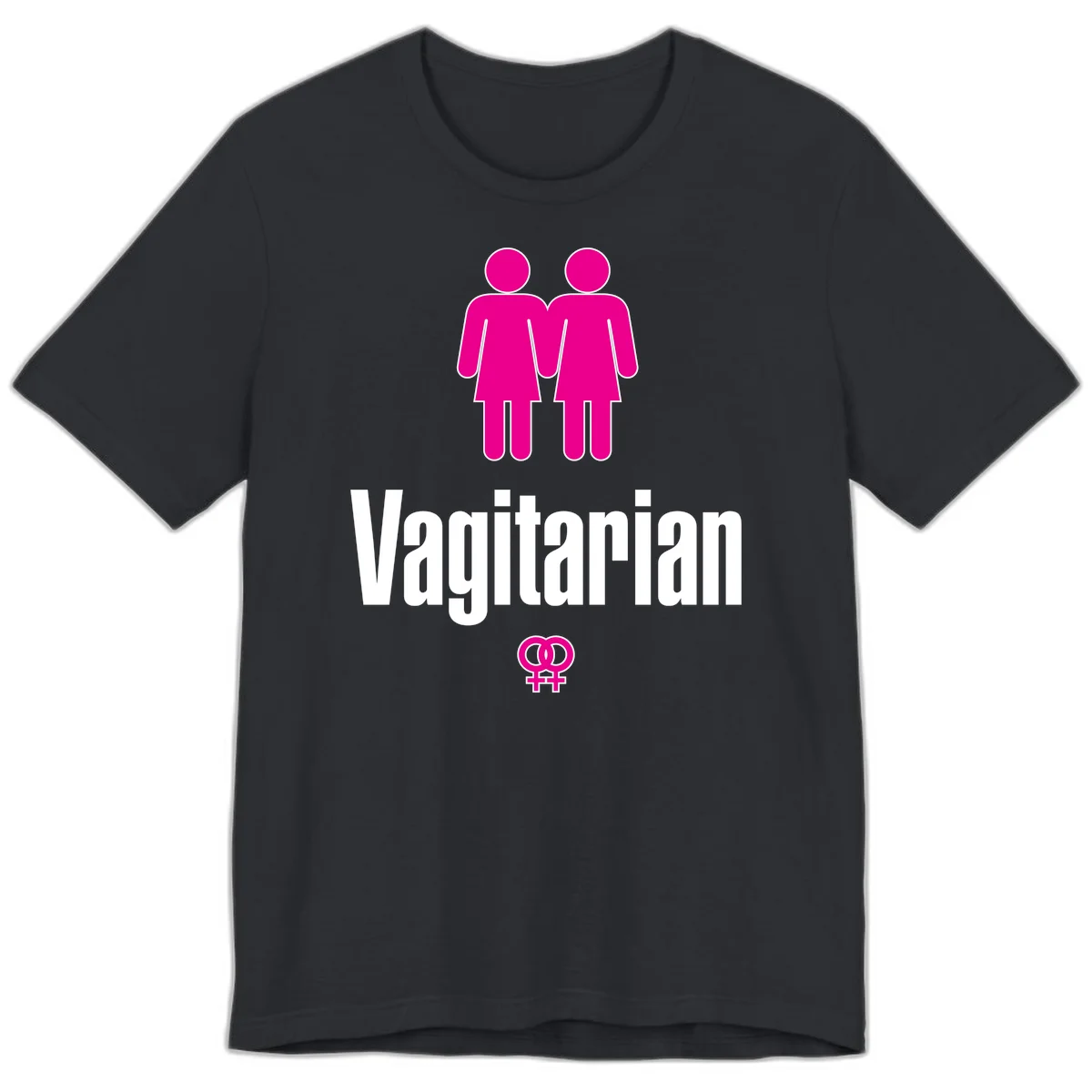 Vagitarian lesbian pride design with two women figures holding hands and interlocking female symbols in magenta and white in Vintage Black
