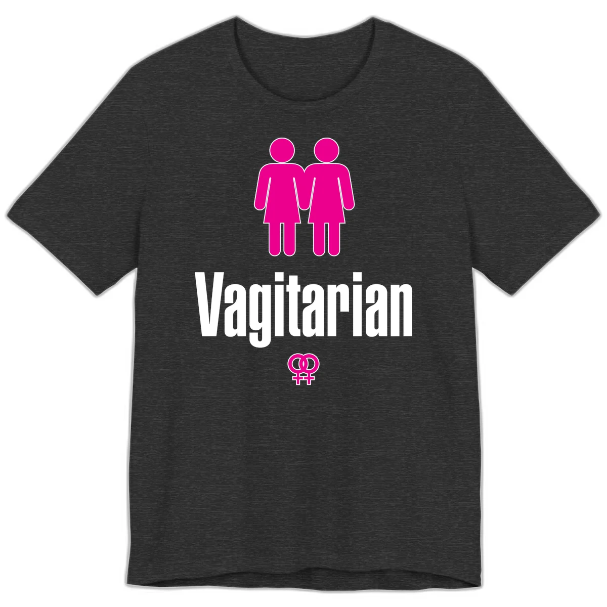Vagitarian lesbian pride design with two women figures holding hands and interlocking female symbols in magenta and white in Dark Grey Heather