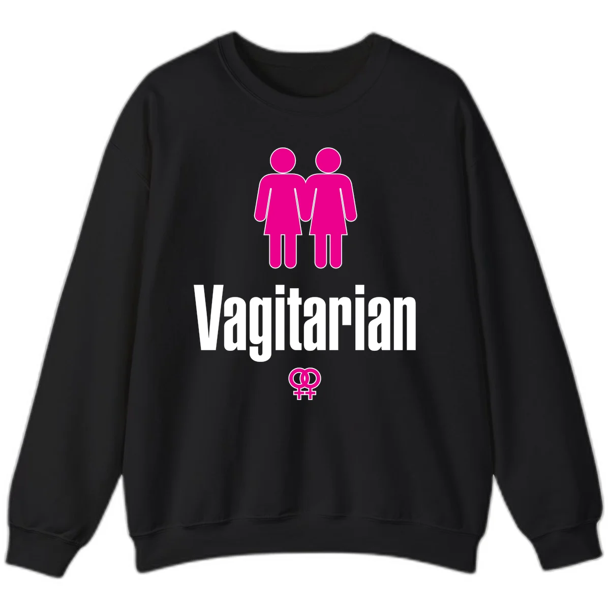 Vagitarian lesbian pride design with two women figures holding hands and interlocking female symbols in magenta and white in Black