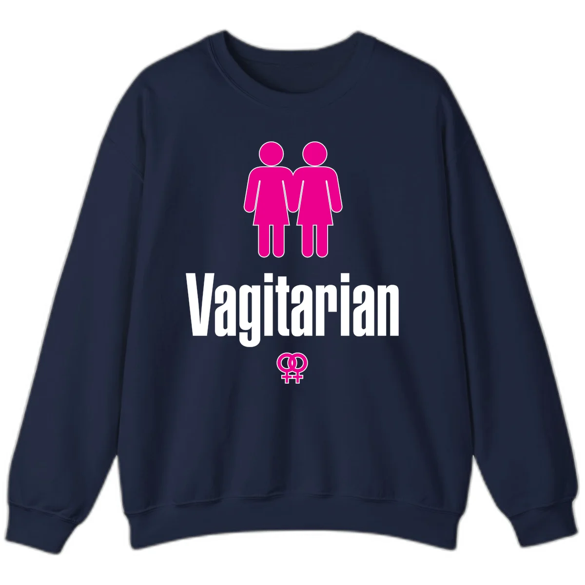 Vagitarian lesbian pride design with two women figures holding hands and interlocking female symbols in magenta and white in Navy