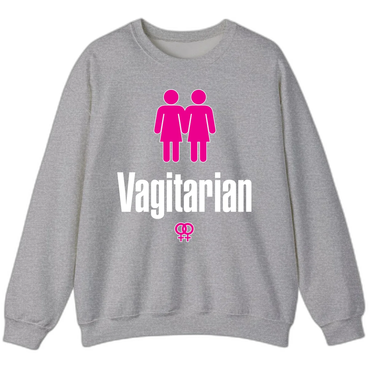 Vagitarian lesbian pride design with two women figures holding hands and interlocking female symbols in magenta and white in Sport Grey