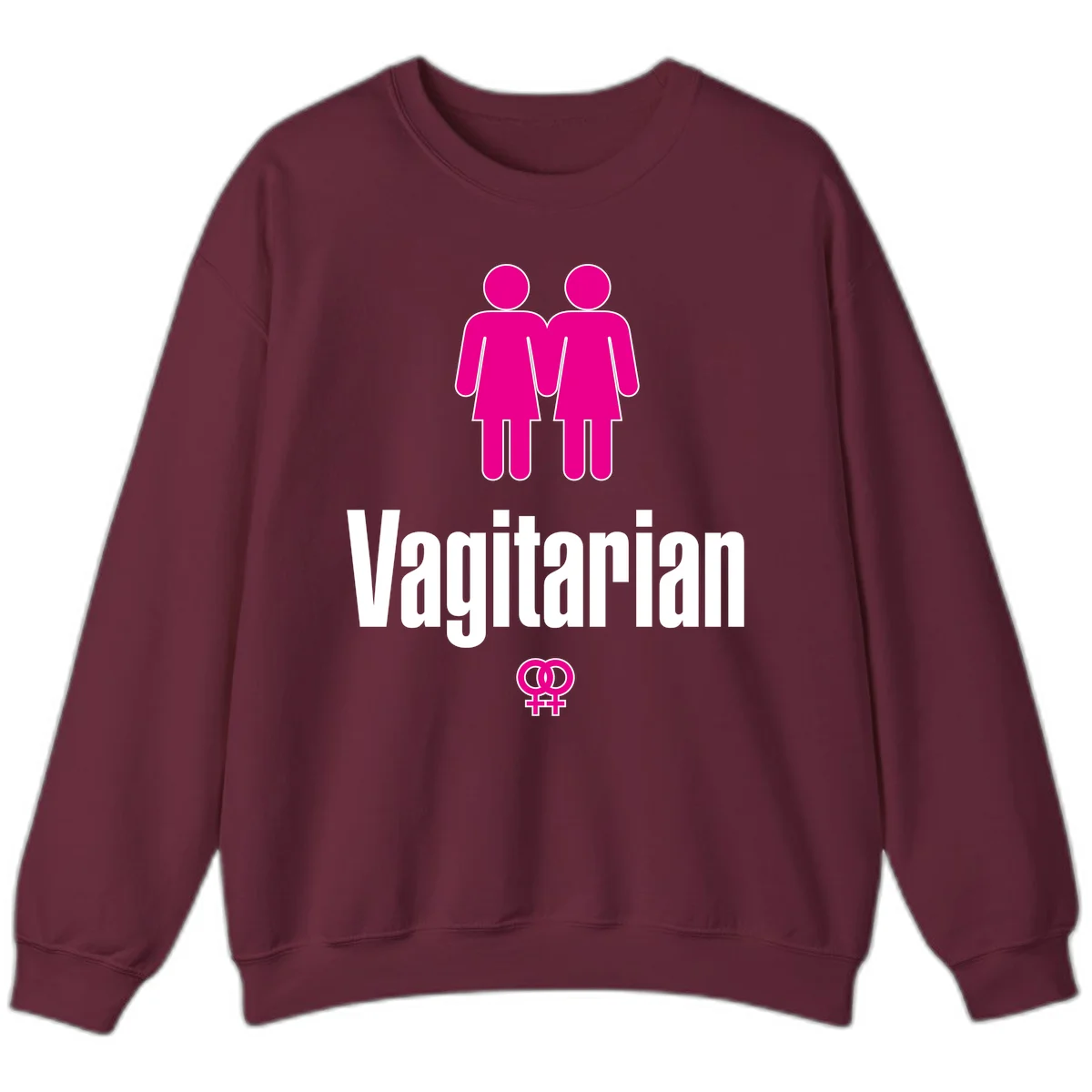 Vagitarian lesbian pride design with two women figures holding hands and interlocking female symbols in magenta and white in Maroon