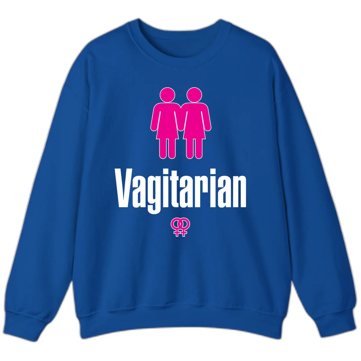 Vagitarian lesbian pride design with two women figures holding hands and interlocking female symbols in magenta and white in Royal
