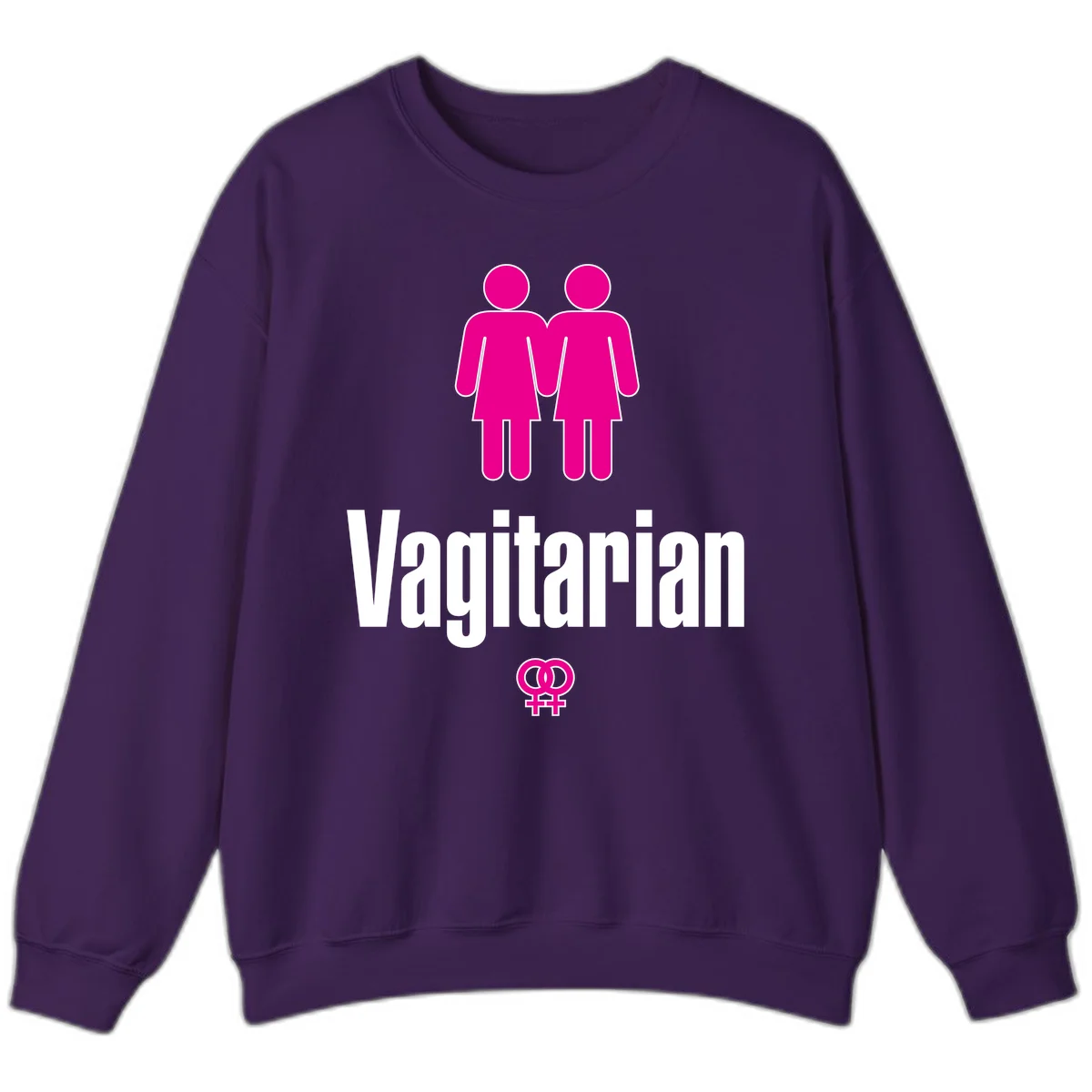 Vagitarian lesbian pride design with two women figures holding hands and interlocking female symbols in magenta and white in Purple