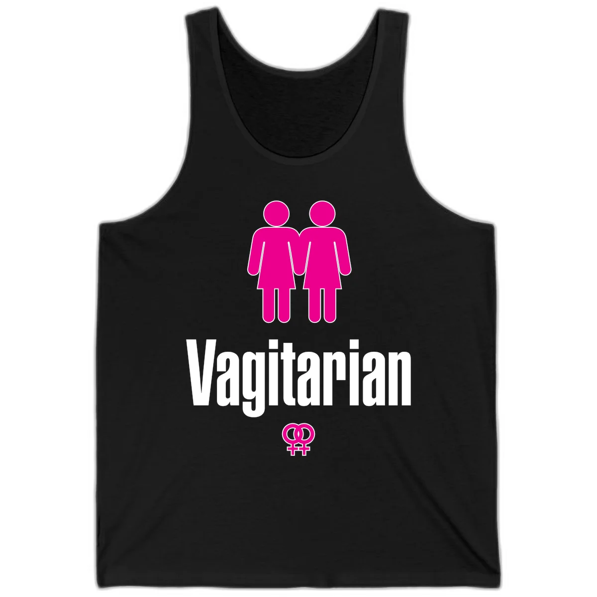 Vagitarian lesbian pride design with two women figures holding hands and interlocking female symbols in magenta and white in Black