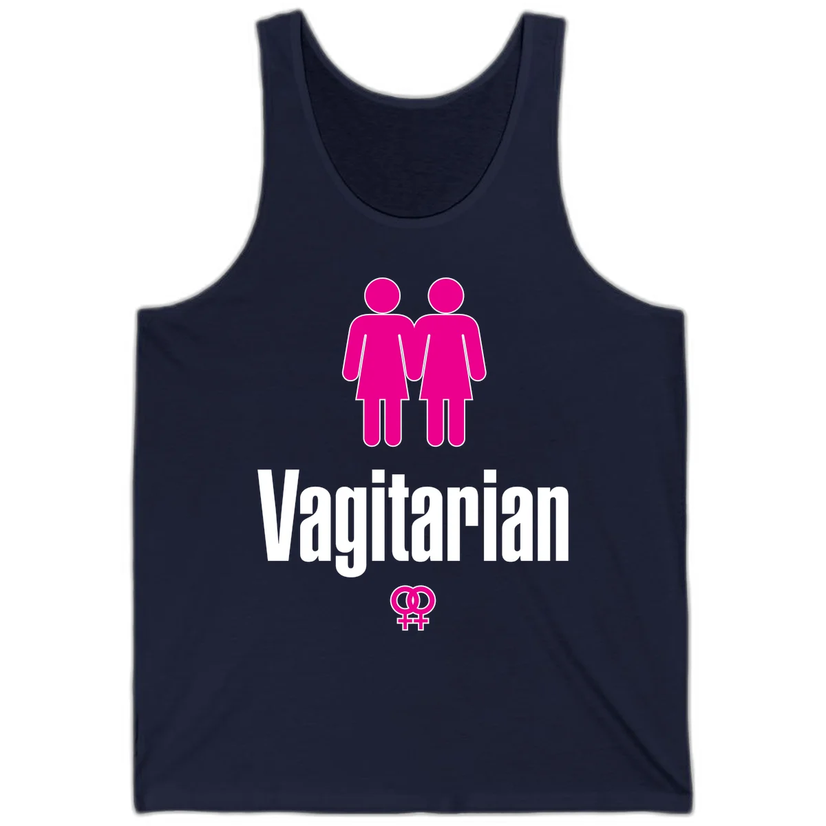 Vagitarian lesbian pride design with two women figures holding hands and interlocking female symbols in magenta and white in Navy