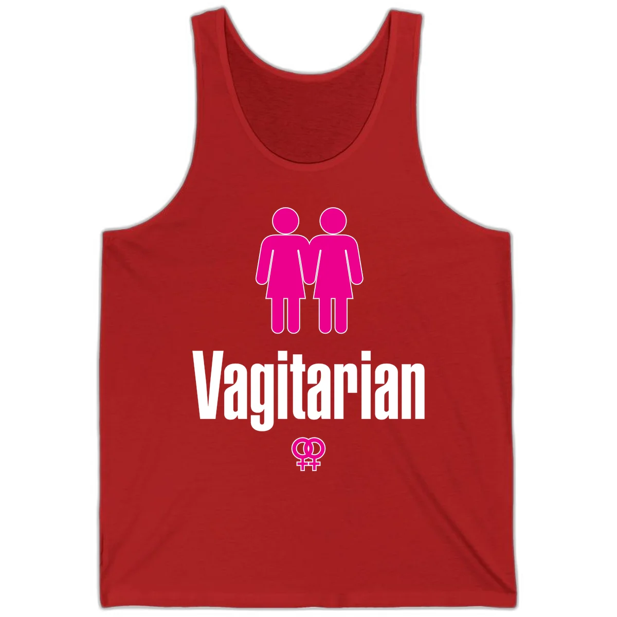 Vagitarian lesbian pride design with two women figures holding hands and interlocking female symbols in magenta and white in Red