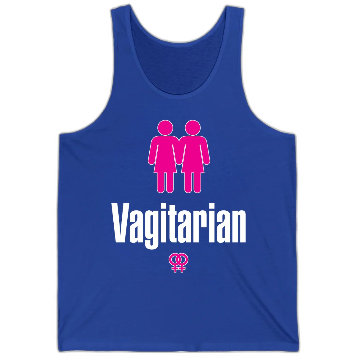Vagitarian lesbian pride design with two women figures holding hands and interlocking female symbols in magenta and white in True Royal