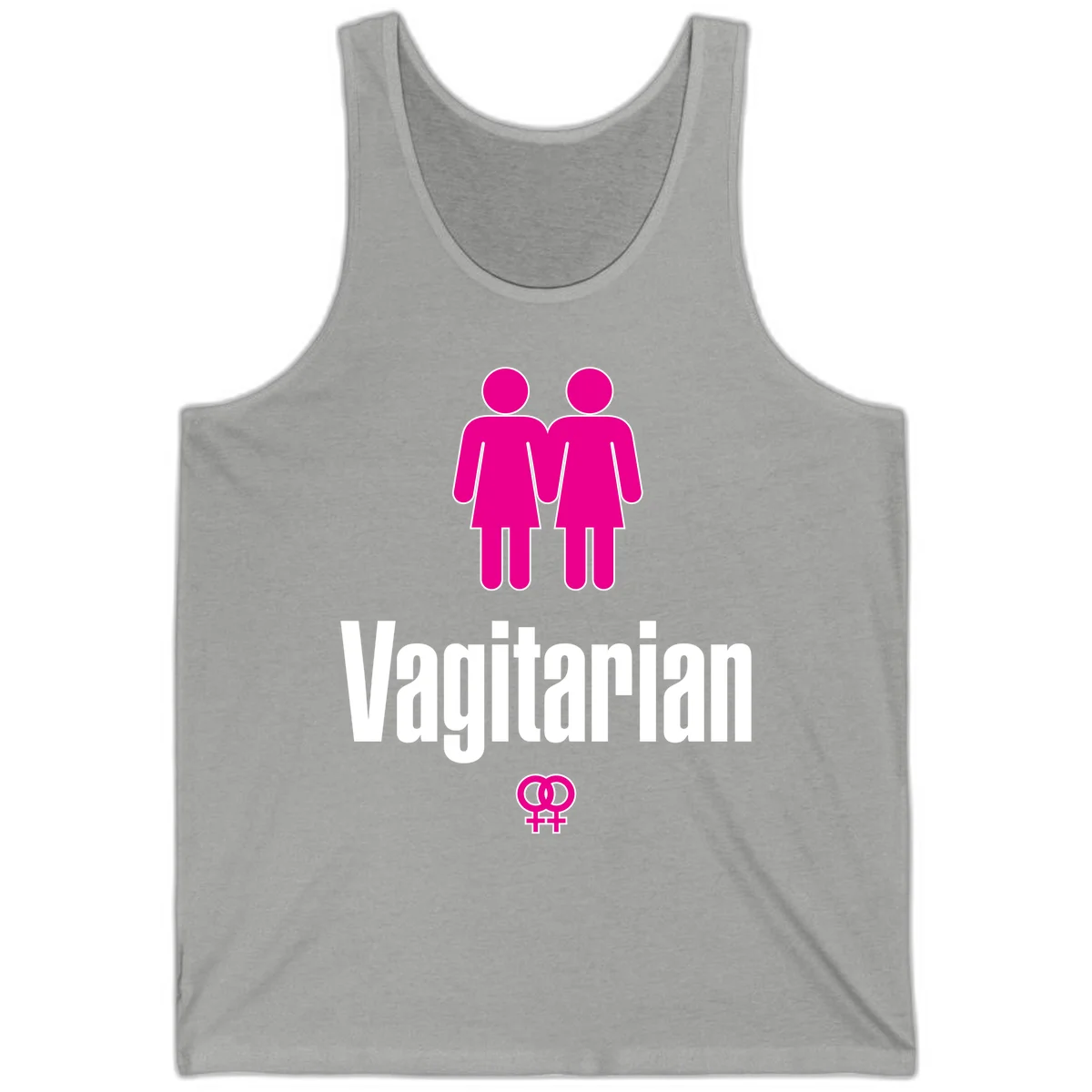Vagitarian lesbian pride design with two women figures holding hands and interlocking female symbols in magenta and white in Athletic Heather