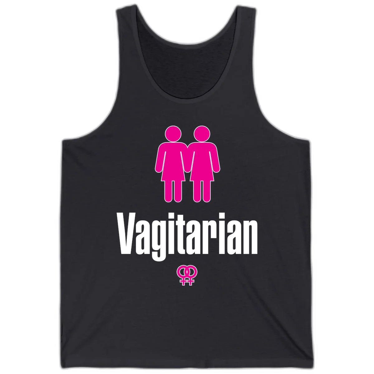 Vagitarian lesbian pride design with two women figures holding hands and interlocking female symbols in magenta and white in Dark Grey