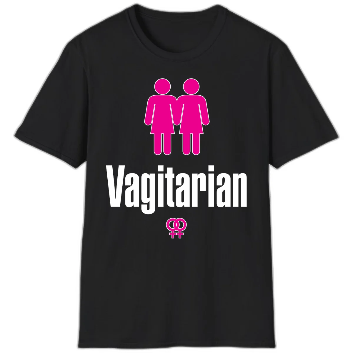 Vagitarian lesbian pride design with two women figures holding hands and interlocking female symbols in magenta and white in Black