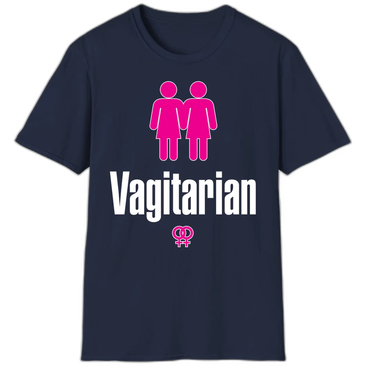 Vagitarian lesbian pride design with two women figures holding hands and interlocking female symbols in magenta and white in Navy