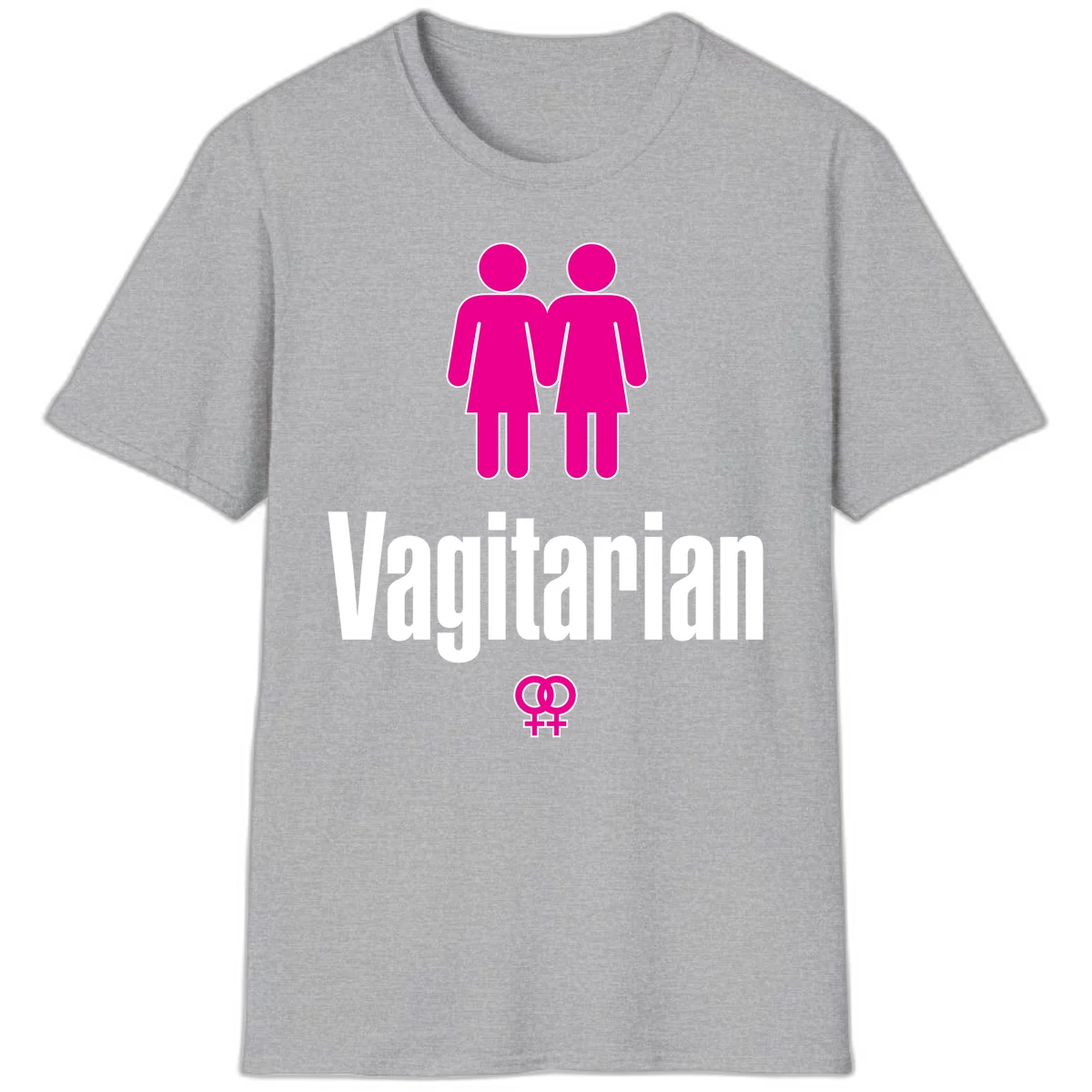 Vagitarian lesbian pride design with two women figures holding hands and interlocking female symbols in magenta and white in Sport Grey