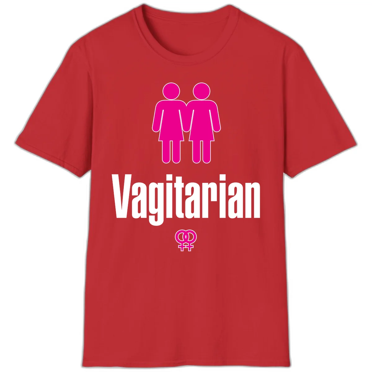 Vagitarian lesbian pride design with two women figures holding hands and interlocking female symbols in magenta and white in Red