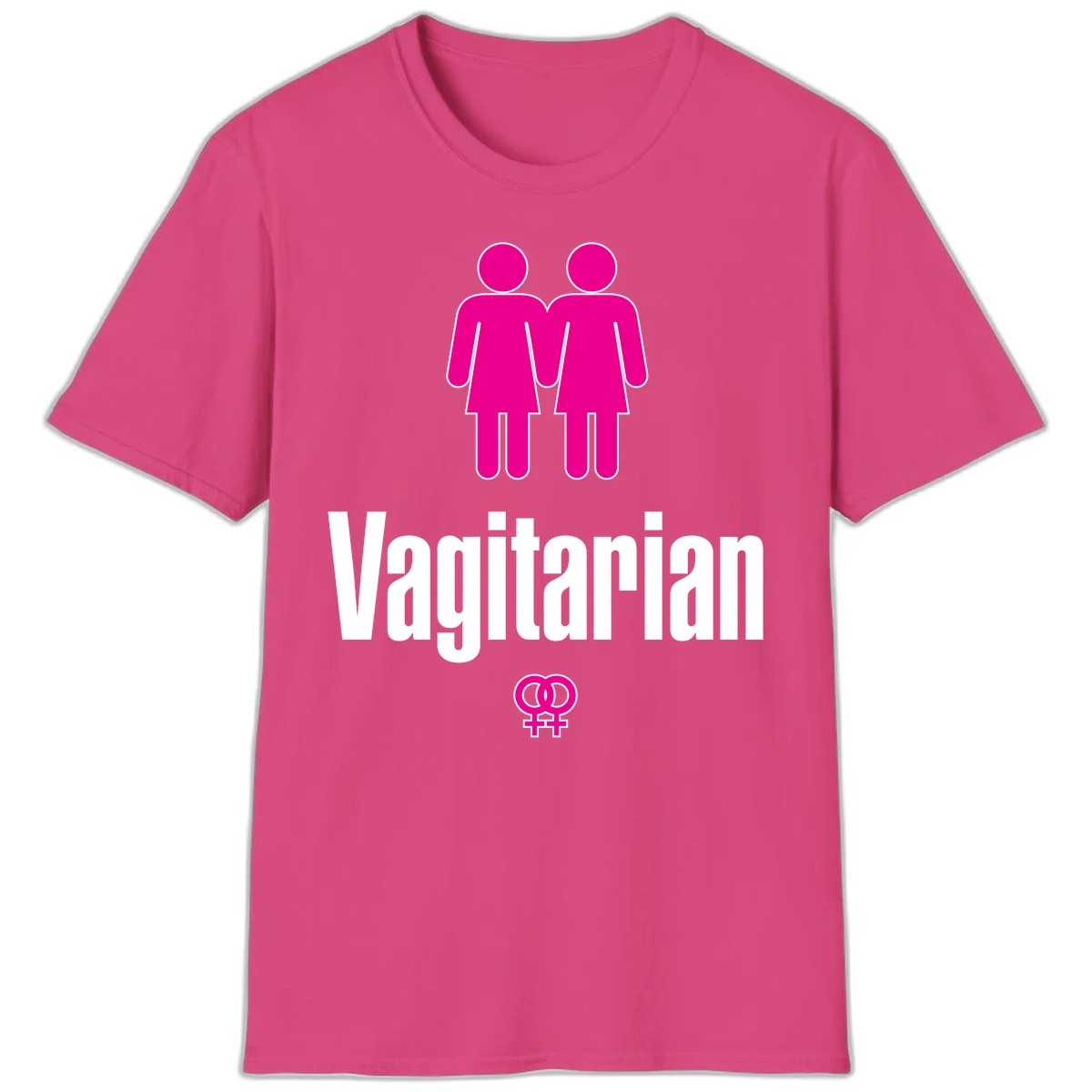 Vagitarian lesbian pride design with two women figures holding hands and interlocking female symbols in magenta and white in Heliconia